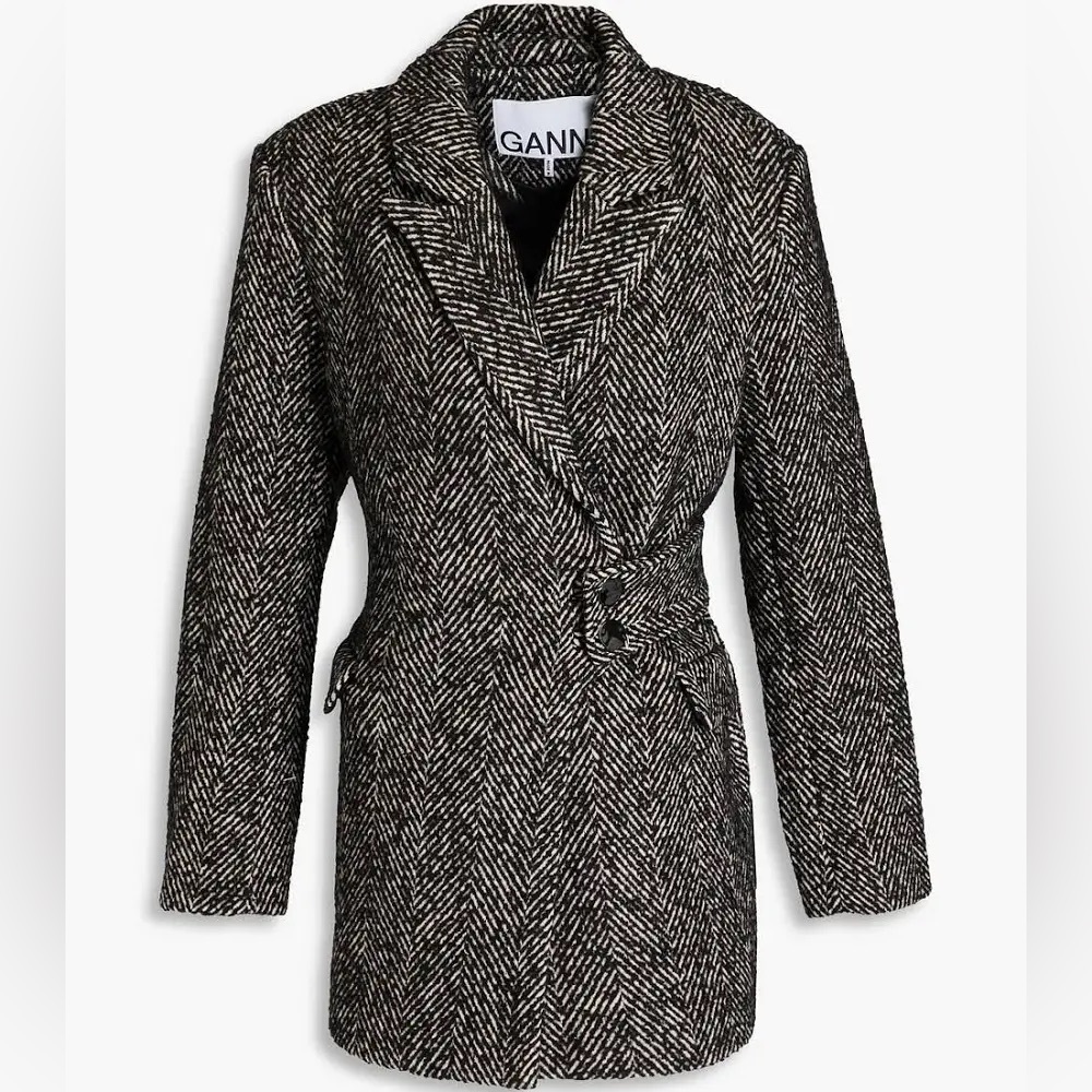 NWT GANNI Black Herringbone Wool Belted Blazer